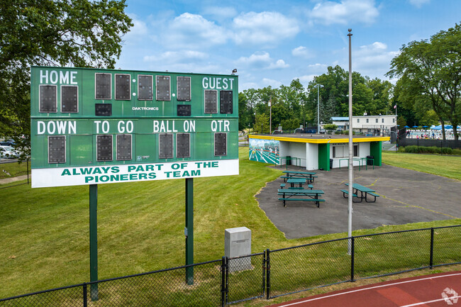 The 'Pioneers' scoreboard at New Providence High School and Middle School, New Providence, NJ.