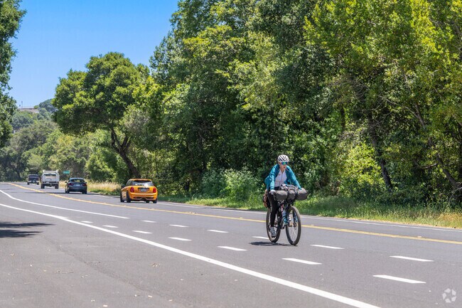A bike packer rides along a road in Lucas Valley, climbing to the second highest point in Marin.