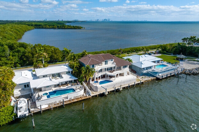 Waterfront homes cluster at the tip of Gables By The Sea in Coral Gables.