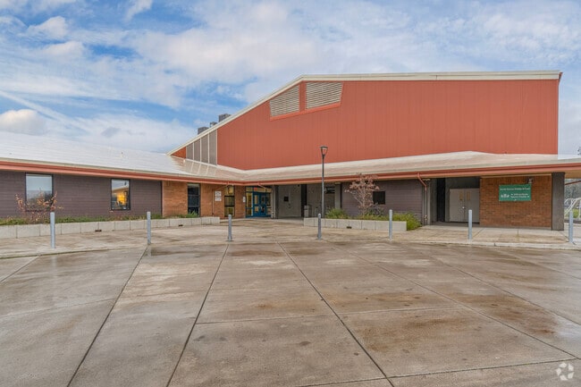 Modern farm architecture at North Marion Middle School entrance in Aurora, OR.