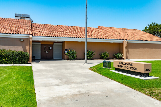 An entrance view to Palomar High School in Harboside.