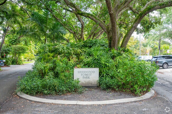 The sign and entrance to Sherwood Forest Park in El Portal.