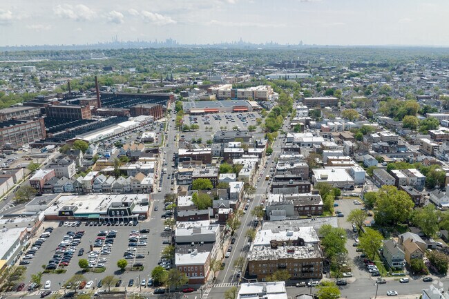 Aerial view of the Botany District of Clifton, NJ.  looking towards the skyline of Manhattan.