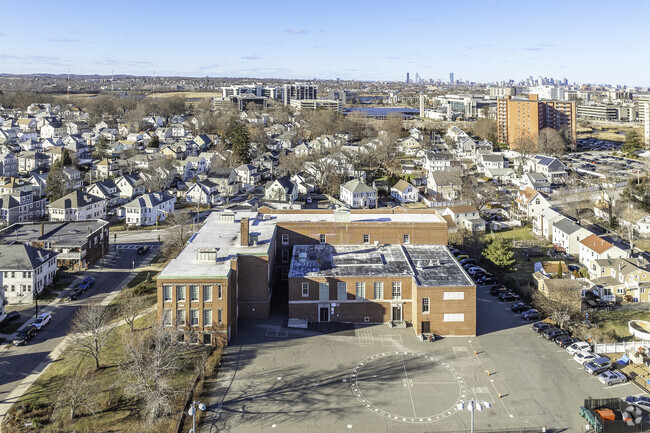 An aerial view of Montclair Elementary School and the surrounding area of Quincy, MA.