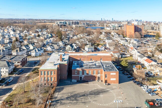 An aerial view of Montclair Elementary School and the surrounding area of Quincy, MA.