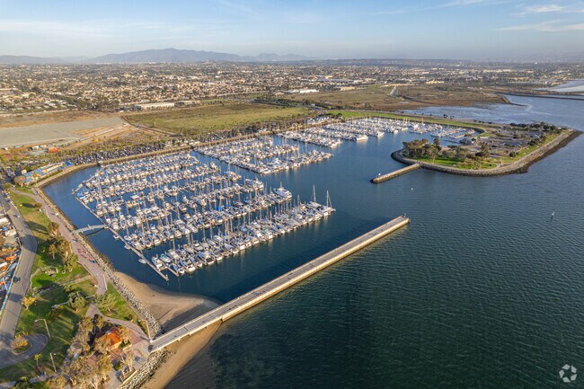 San Diego Bay has lots of boats on the docks in the Downtown Chula Vista neighborhood.
