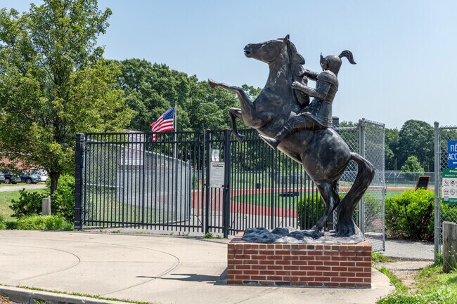 A mounted avenger guards the field at East Greenwich High School in East Greenwich.