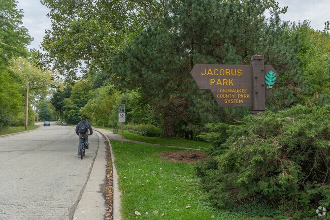 Jacobus Park sign welcomes patrons to the park in Wauwatosa, WI.