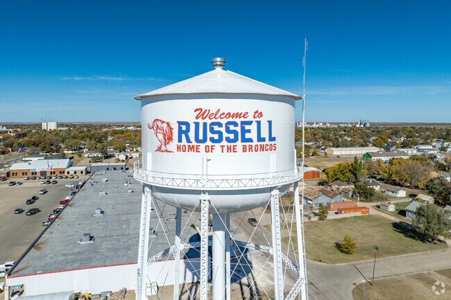 Russell’s water tower rises above the town’s skyline.