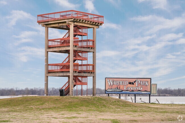 Warfield Point Park features a 38-foot observation tower that provides panoramic views of the Mississippi River.