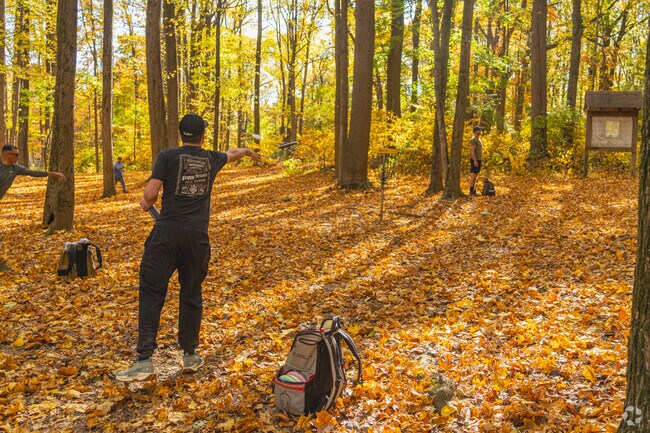Disc golf lovers can play on a course tucked away in the woods at Iron Hill Park.