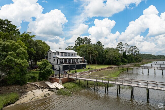 Large front porches are common among waterfront homes on Blythe Island.