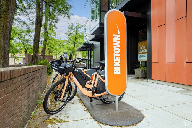 Bike town bikes awaiting bikers in the St. Johns Neighborhood.