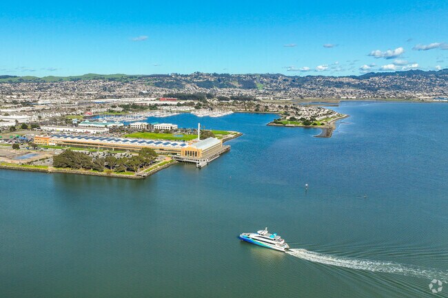 A ferry is approaching its stop at Point Richmond harbor.