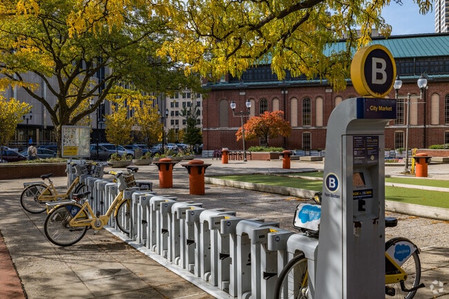 Pedal through Market East's hidden gems with ease by renting a bike from the local hub.