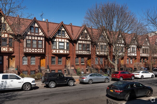 There are Tudor style rowhouses with decorative woodwork in Prospect Lefferts Gardens.