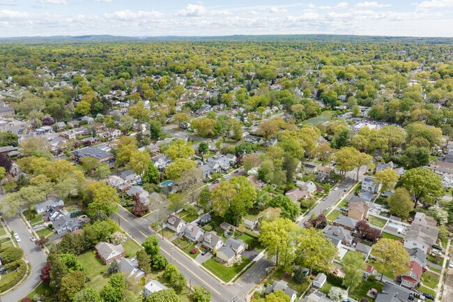 Aerial view of New Milford, NJ, a leafy suburb in Northern New Jersey.