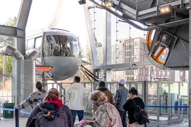 The OHSU tram connects South Waterfront to the OHSU campus atop the hill.