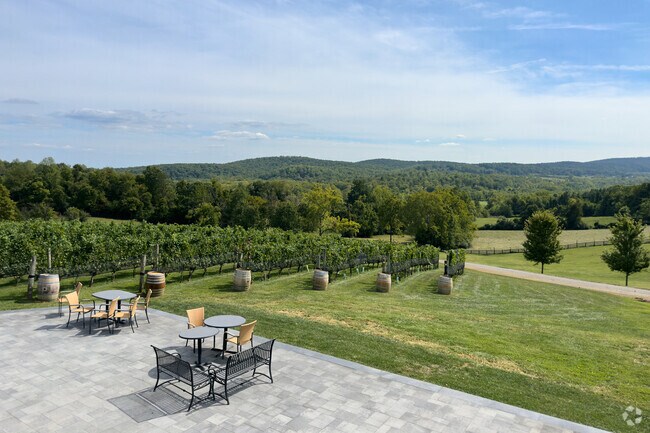 50 West Winery's modern wine-tasting building enjoys great views from a large balcony in Aldie.