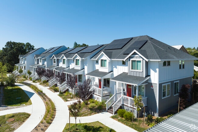 A perfectly lined row of newly built homes in the quaint town of Sebastopol, California.