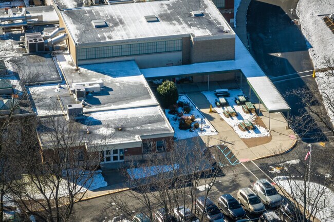 The entrance plaza as seen from above at Beechwood School in Mountainside, NJ