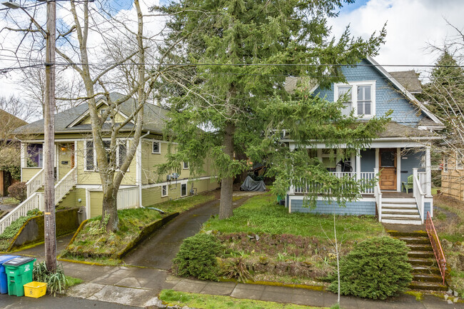 Bungalows in the Vernon Neighborhood have shared walkways between houses in Portland, Oregon.