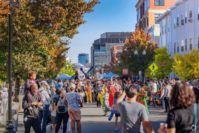 The crowd of locals gather as the SomerStreets Monster Mash parade makes it way down Somerville.