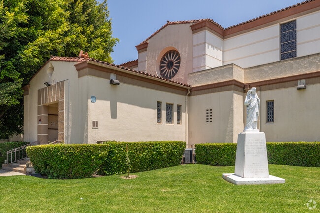 Transfiguration Elementary school in Los Angeles, CA has unique architecture and green lawns.