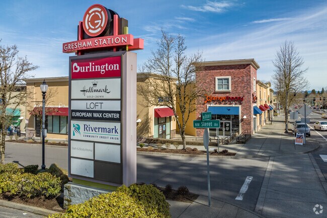 Gresham Station signage and retail shops welcome Northwest Gresham residents.
