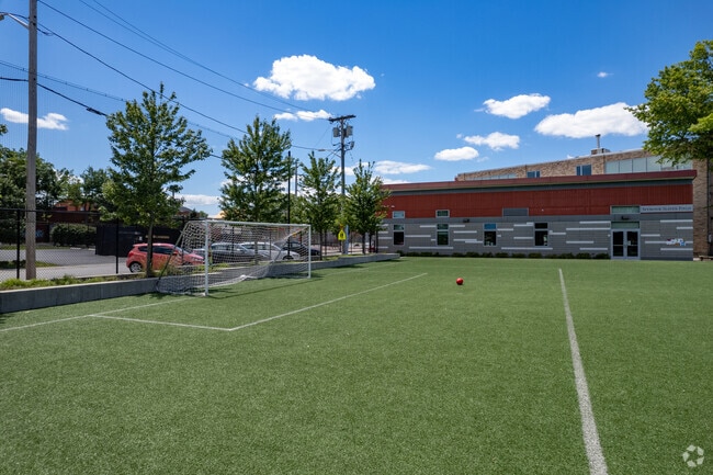 Ground-level view of sports field.