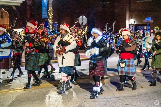 A bagpipe band participates in the annual Whitefish Bay Holiday Stroll and Parade.
