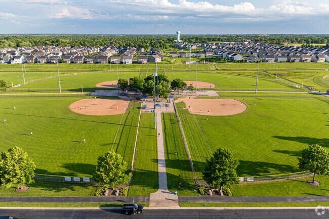An aerial view of the multiple baseball fields at Frontier Park.
