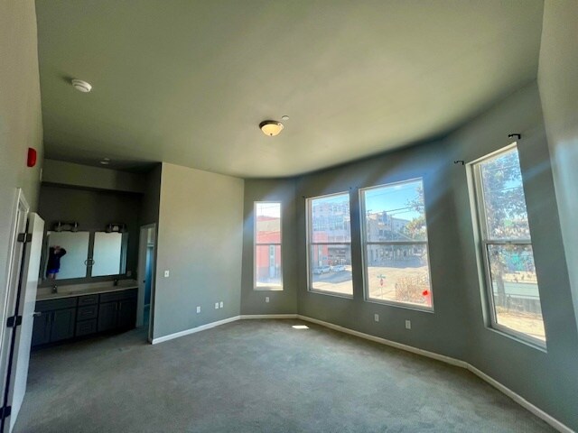 bathroom with heigh ceilings and a large walk in closet