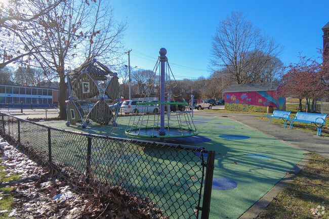 There is a soft-landing play area at Alexander B. Bruce School for student safety.