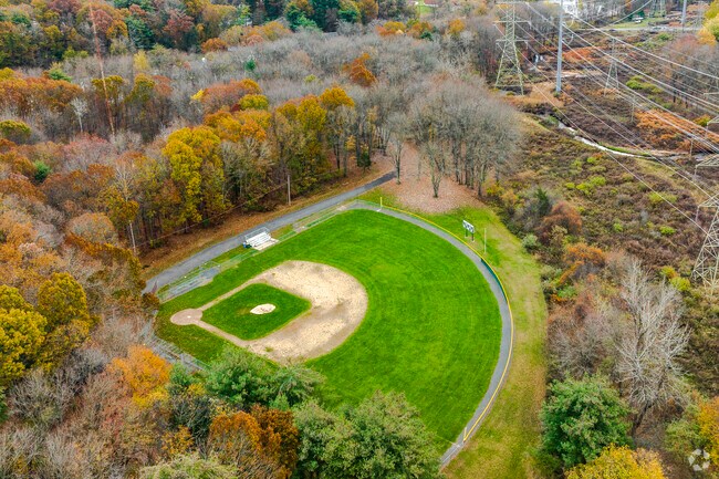 Leber Field's pathway through the trees reveals a large baseball field.
