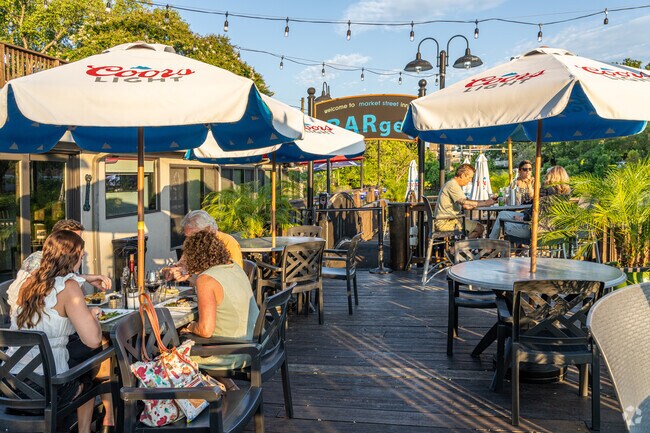 The sun is low and folks gather for happy hour on the deck at The Market Street Inn.
