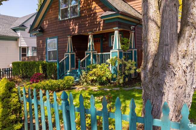 Brightly colored porch and Trim on this Craftsmen home  in the Humboldt Neighborhood.