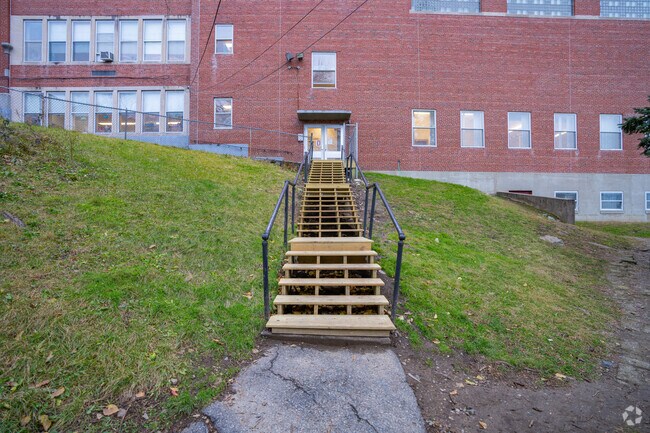 These stairs lead up to the St. Joseph schoolyard in Medford Center.