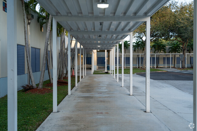 Dante Fascell Elementary School features a covered walk way for rainy days in Miami, FL.
