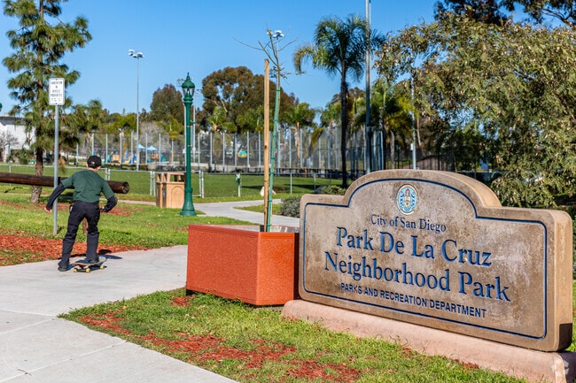 Entrance to Park De La Cruz with amenities of the park nearby.