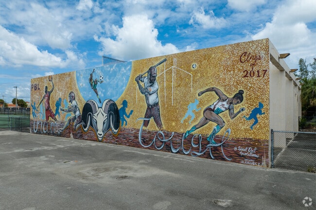 Mural adorn the walls by the sport installations at the Community High school at Emerald Dunes.