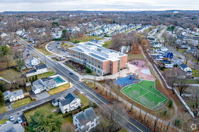 The Hurld Elementary School with the downtown Boston Skyline in the background.
