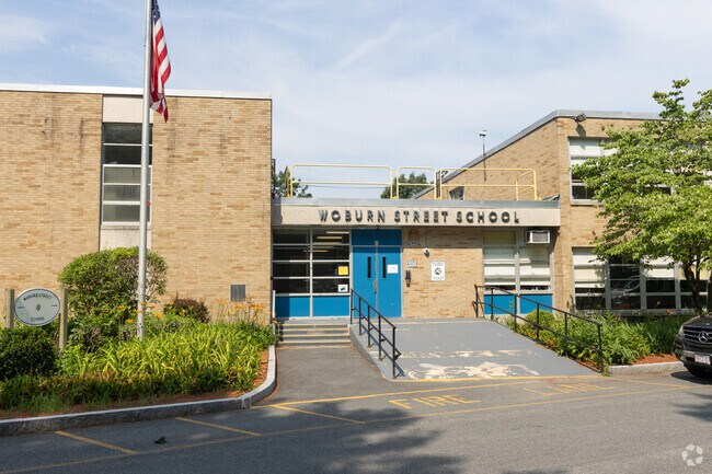 Woburn Street School front entrance in North Wilmington.