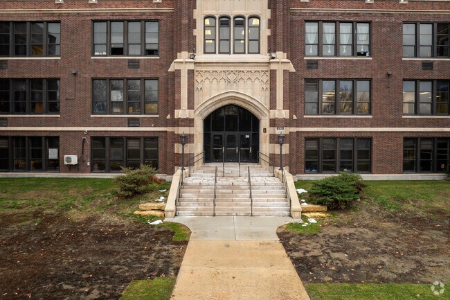 The building for East High School is made of red brick.