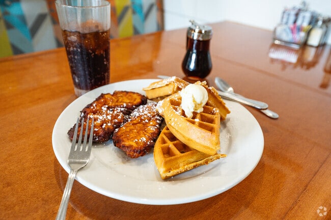 Chicken and waffles is a popular item for breakfast and lunch at Peach Valley Cafe.
