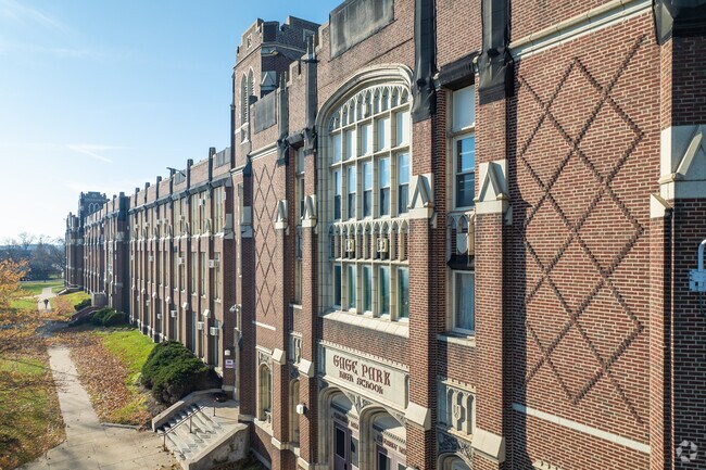 The Gage Park High School facade has impressive architectural details.