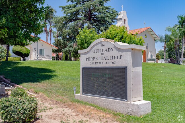 The sign at Our Lady of Perpetual Help School welcomes students and staff as they enter campus.