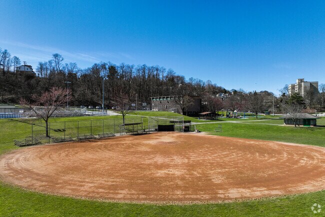 Brookline Memorial Park's baseball field is designed for a friendly pickup game or competition.