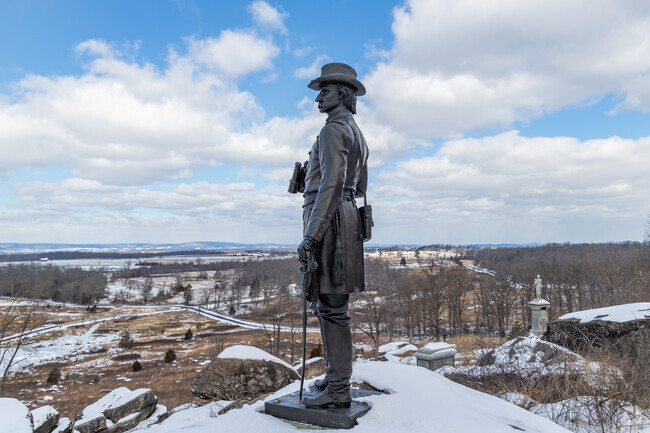 Gouverneur Warren's statue sits atop Little Round Top at Gettysburg National Military Park.