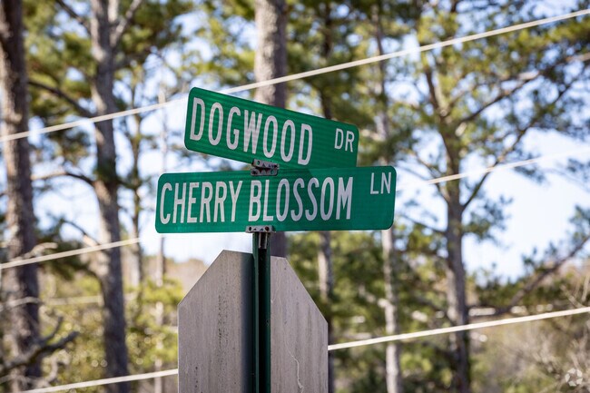 A Cherry Blossom Street sign is right in the middle of the charming neighborhood.